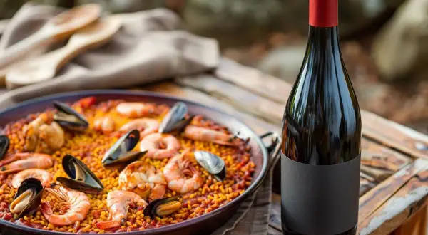 Paella au poulet et fruits de mer, prête à être dégustée avec un vin rouge. Quel vin avec paella poulet fruits mer ? Ce plat coloré appelle un vin fruité.