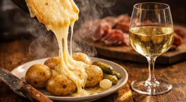 Fromage à raclette fondant sur des pommes de terre, accompagné de cornichons et d'un verre de vin raclette blanc.