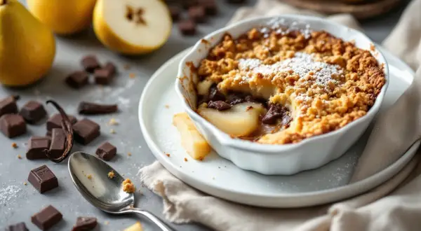 Un délicieux crumble poire chocolat, garni de sucre glace, avec des poires fraîches et des carrés de chocolat autour.