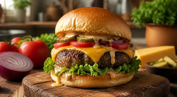 Un succulent hamburger maison avec steak, fromage fondant, tomates, oignons, cornichons et laitue, sur une planche en bois.
