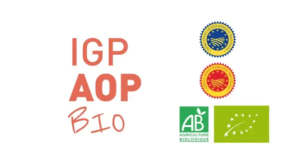 IGP, AOP, BIO : labels garantissant la qualité et l'origine de produits, comme une appellation vin de France. Logos AB et bio européens.