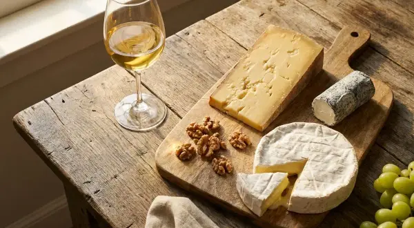 Un verre de vin blanc, des fromages variés, des noix et des raisins sur une planche en bois. Une belle invitation à découvrir quel vin avec le fromage.