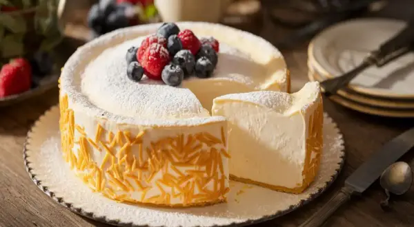 Un délicieux gâteau fromage blanc, saupoudré de sucre glace et garni de fruits rouges frais, est prêt à être dégusté.