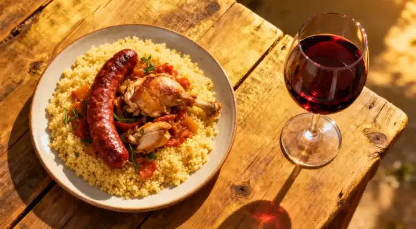 Un verre de vin rouge accompagne un plat de couscous avec poulet et merguez, prêt à être dégusté.
