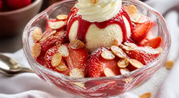 Un déliceux dessert fraise melba : glace vanille, fraises fraîches, coulis rouge, chantilly et amandes effilées.
