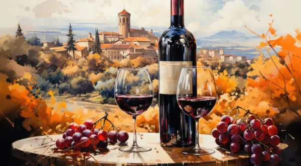 Bouteille de vin rouge, deux verres, grappes de raisin et un village toscan en arrière-plan. La lie de vin, symbole de tradition.