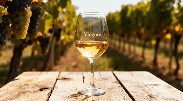 Verre de viognier blanc sec ou moelleux sur une table en bois, avec un vignoble en arrière-plan.