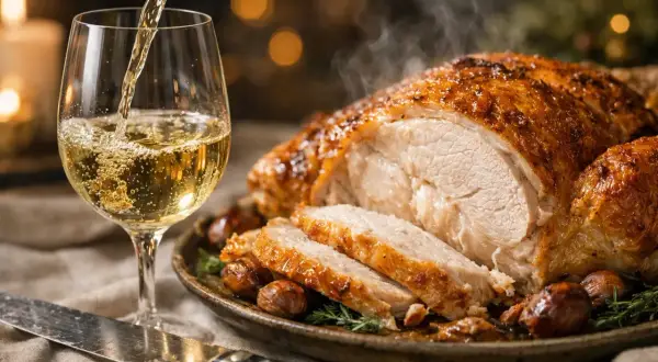 Un verre de vin blanc est versé à côté d'un chapon farci rôti, fumant et garni de marrons. Un repas festif.