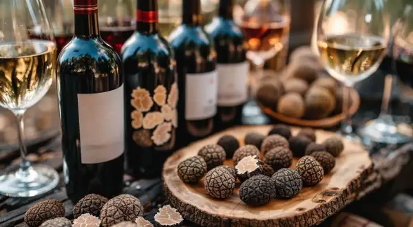Bouteilles de vin et truffes noires sur une table en bois. Une question se pose : quel vin avec truffe pour sublimer ce mets d'exception ?