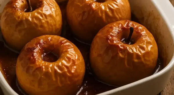 Quatre pommes au four dorées et caramélisées dans un plat blanc, dégageant un arôme réconfortant.