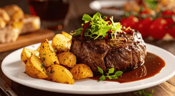 Un succulent filet mignon, cuit à la perfection dans le air fryer, servi avec des pommes de terre rôties et une sauce riche.