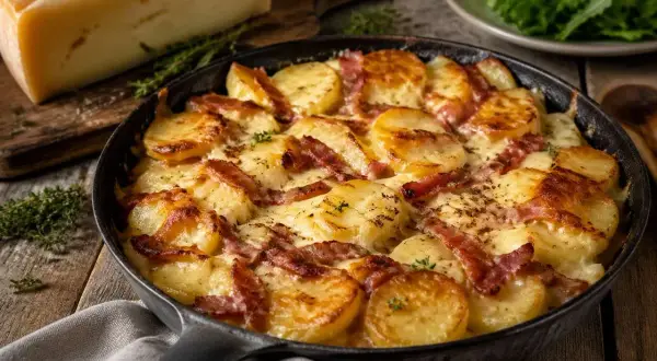 Plat de truffade gratiné aux lardons, servi dans une poêle en fonte, avec un morceau de fromage à côté. Un délice à déguster avec un bon vin.