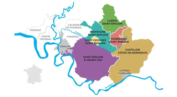 Carte des appellations de la région Saint-Émilion, montrant les différentes communes viticoles comme Montagne, Lussac et Saint-Georges.