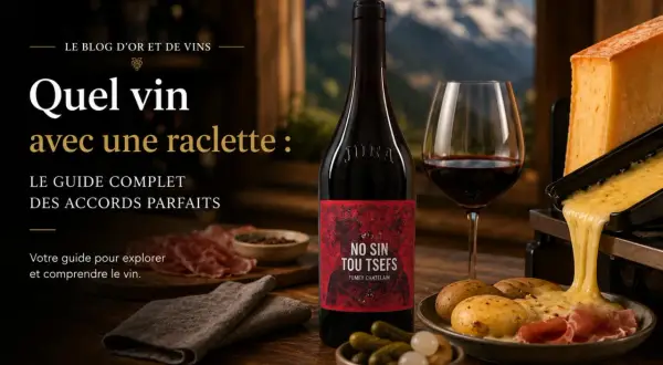 Quel vin rouge avec une raclette fromage charcuterie ? Un guide pour des accords parfaits. Une bouteille de vin rouge Jura, un verre, du fromage à raclette fondant, pommes de terre et charcuterie.