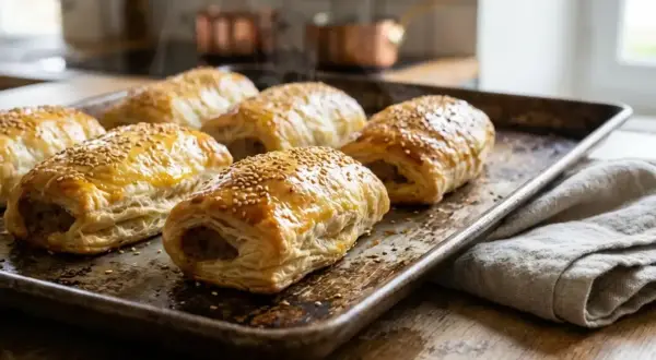 Six feuilletés saucisse dorés et parsemés de graines de sésame sur une plaque de cuisson.