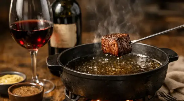 Un morceau de bœuf est plongé dans l'huile bouillante pour une fondue bourguignonne, accompagné d'un verre de vin rouge et de sauces.