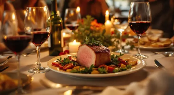 Un dîner romantique avec un rôti de côte de veau, accompagné de vin rouge et de bougies.