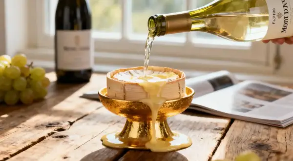 Un vin blanc Mont d'Or coule sur un fromage fondant dans un plat doré. Des raisins verts et une bouteille de vin complètent la scène.