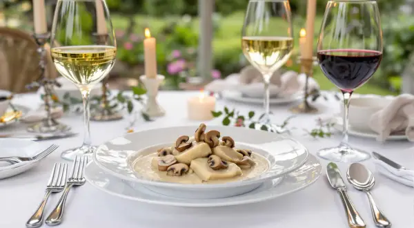 Un plat de gnocchis crémeux aux champignons, accompagné de vin blanc et rouge, pour un dîner romantique.