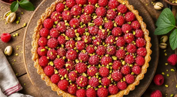 Une délicieuse tarte framboise, généreusement garnie de fruits rouges frais et parsemée de pistaches concassées, sur un fond de bois rustique.