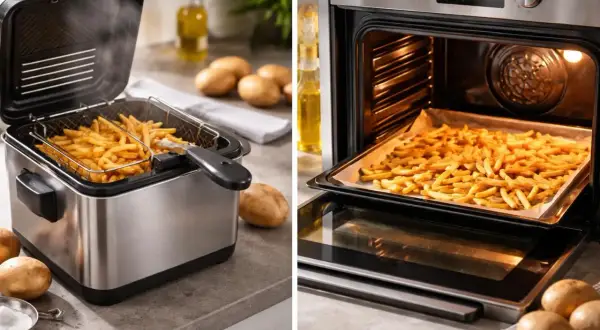 Frites dorées dans une friteuse fumante et sur une plaque de cuisson au four. La cuisson des frites, une étape clé pour un repas savoureux.