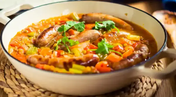 Un plat réconfortant de saucisses et lentilles mijotées avec des légumes, garni de coriandre fraîche. Un délice pour les papilles.