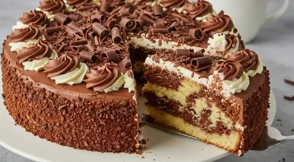 Un délicieux gâteau marbré au chocolat, décoré de crème et de copeaux de chocolat, avec une part coupée.