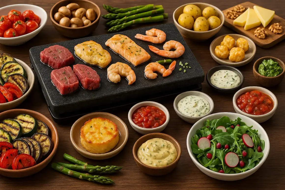 Une pierrade avec bœuf, saumon, crevettes, légumes grillés et sauces. Quel vin avec une pierrade ? Un blanc sec ou un rouge léger serait parfait.