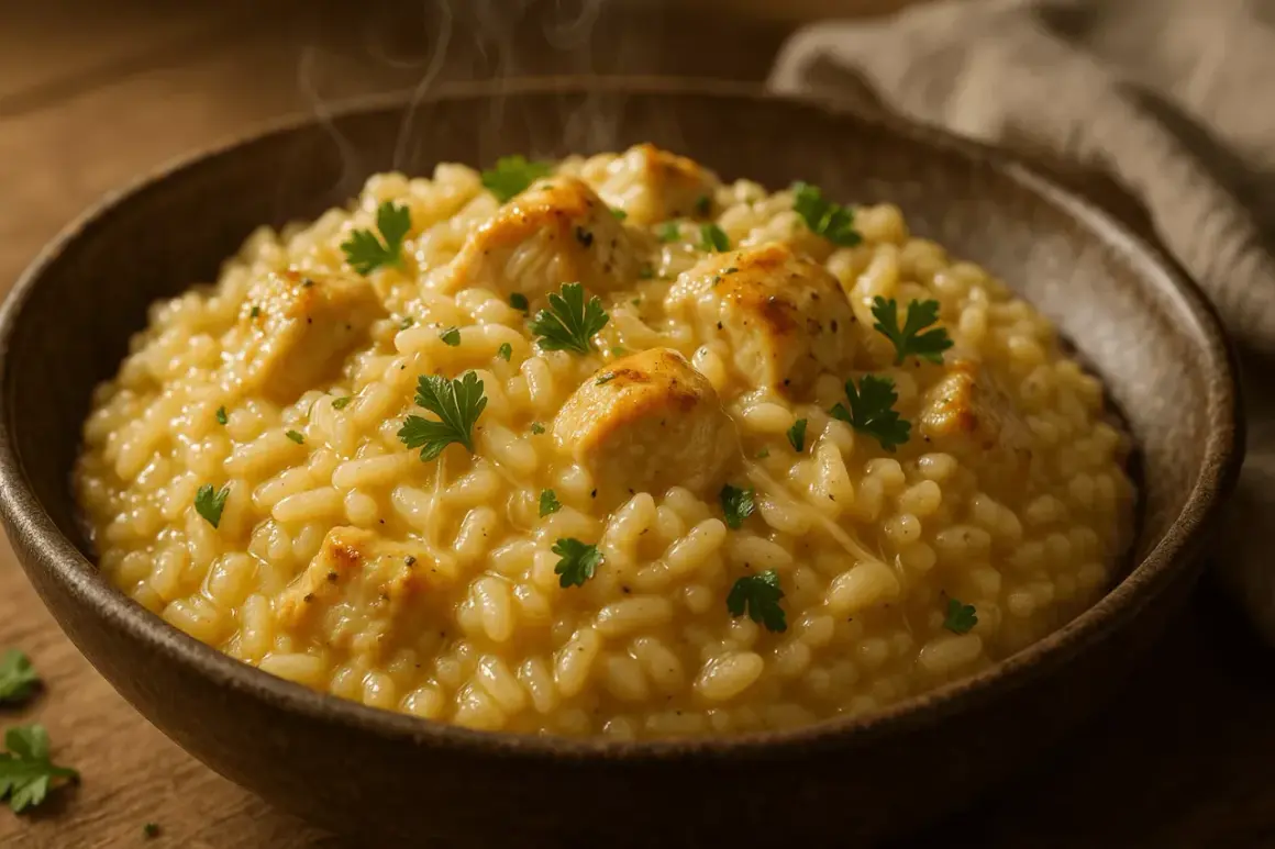 Un crémeux risotto poulet, parsemé de persil frais, dégage une vapeur appétissante dans un bol en bois.