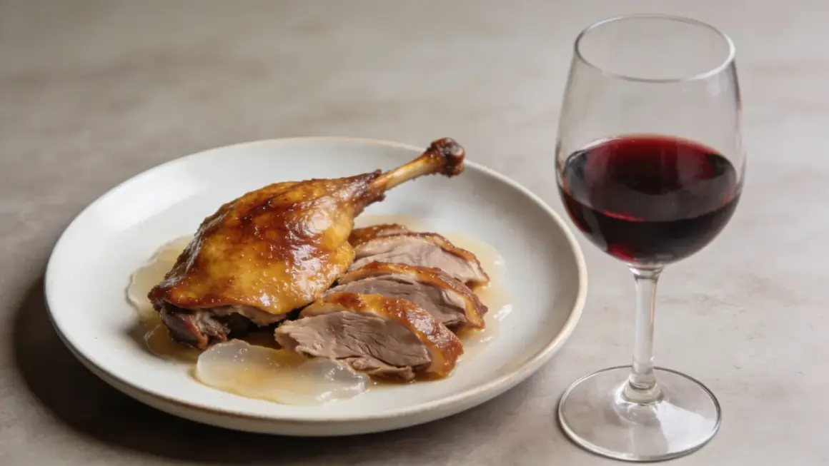 Un plat de confit de canard, coupé en tranches, servi avec une sauce légère, accompagné d'un verre de vin rouge.