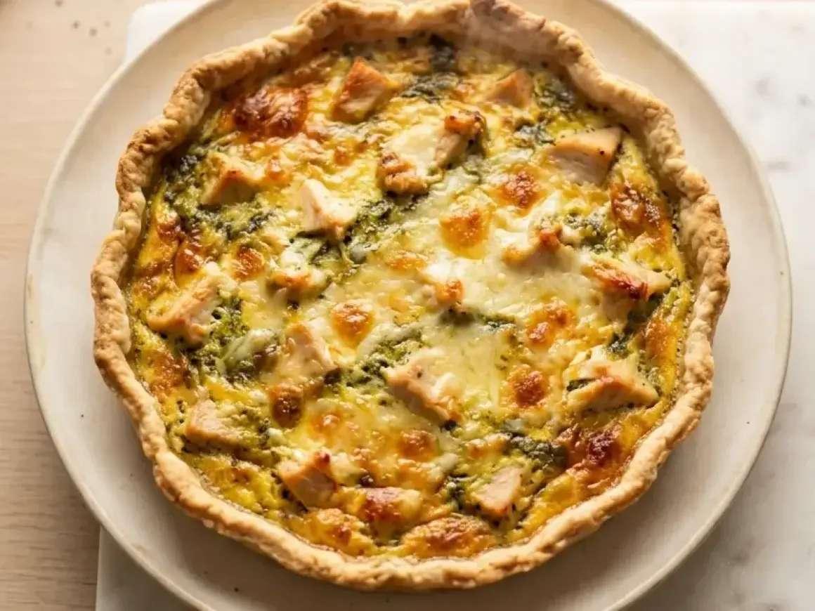Une délicieuse quiche au poulet, dorée et garnie de morceaux de poulet et de fromage fondant, prête à être dégustée.
