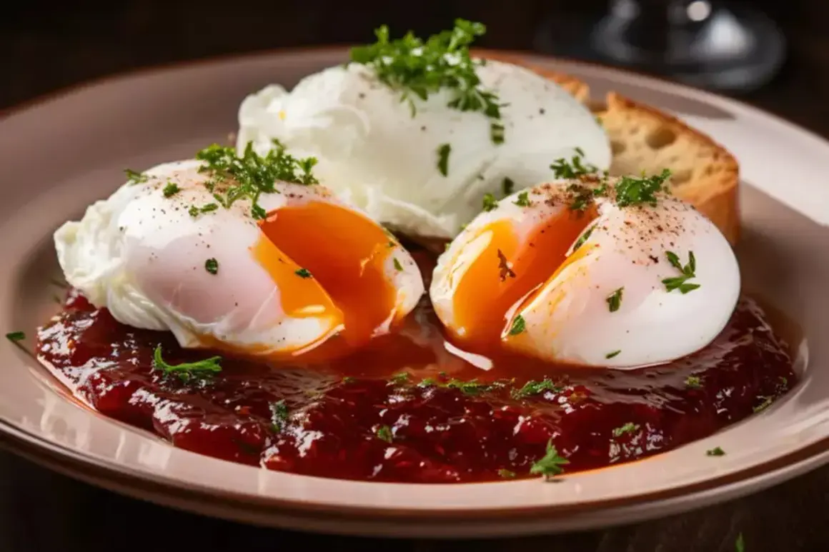 Œufs meurette sur lit de sauce rouge, garni de persil frais. Un délice pour le petit-déjeuner.