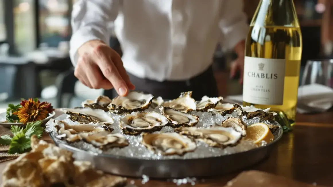 Un serveur présente des huîtres fraîches sur glace, accompagnées d'une bouteille de Chablis. Le choix parfait : quel vin blanc avec les huîtres ?