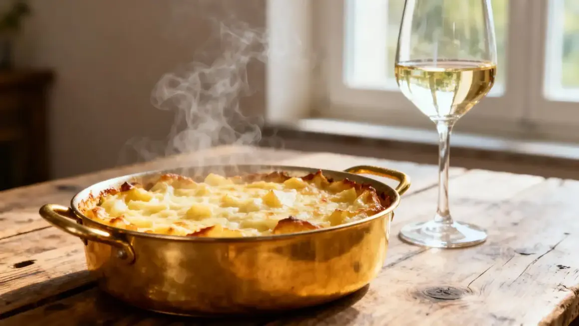 Croziflette fumante dans un plat en cuivre à côté d'un verre de vin blanc.