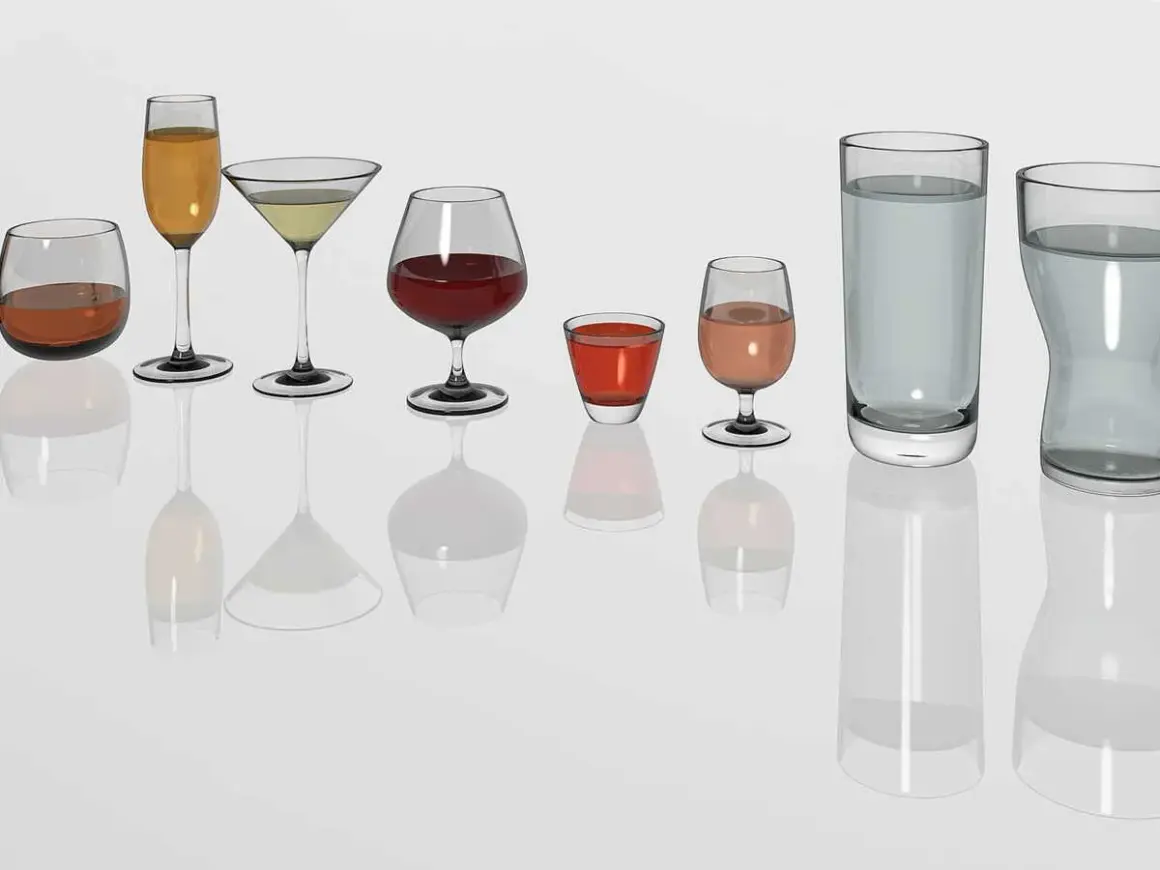 Diversité de verres à vin et à eau, prêts pour un repas au restaurant. Chaque verre présente une quantité différente de liquide.