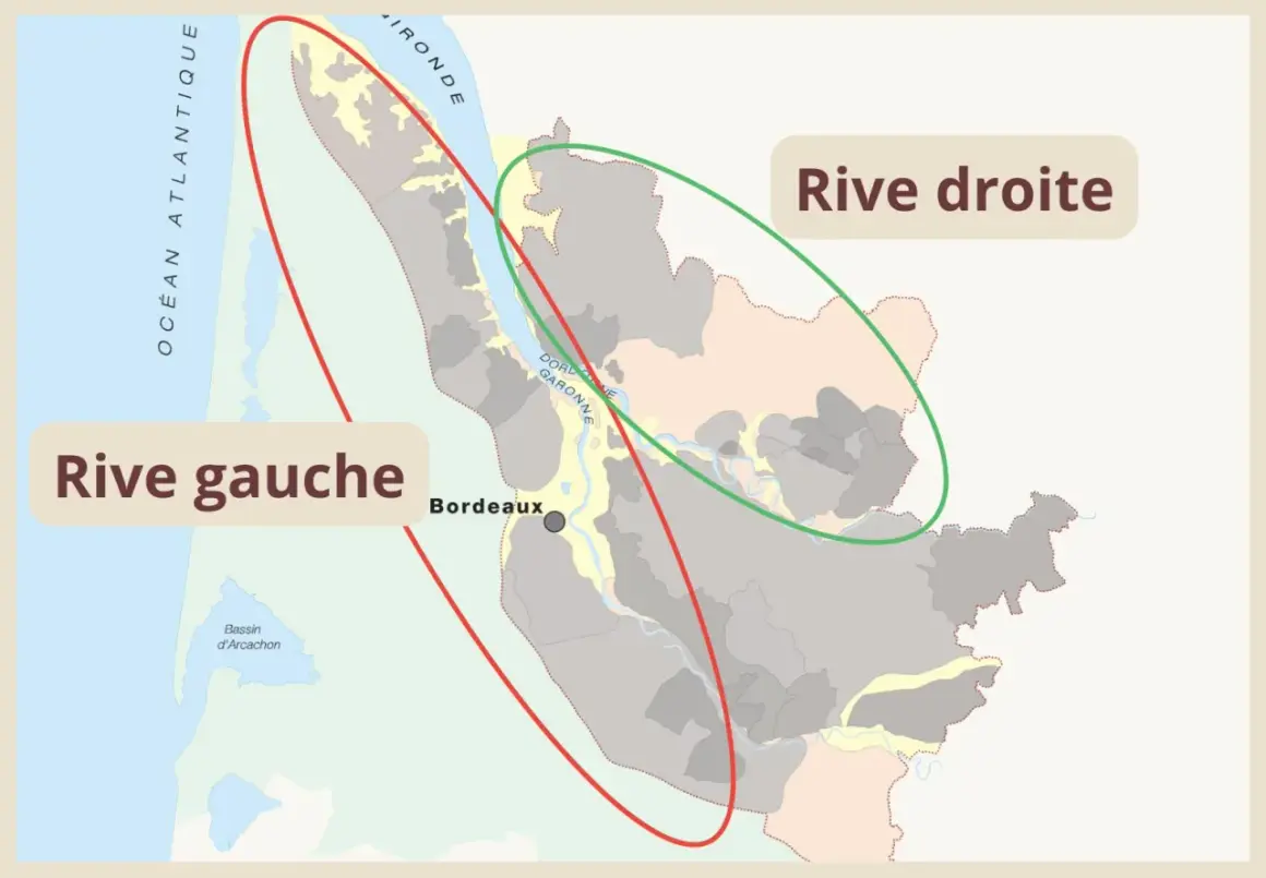 Carte de Bordeaux et ses environs, délimitant la rive gauche et la rive droite.