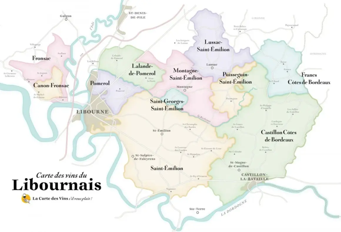 Carte des vins du Libournais, montrant les appellations de Bordeaux comme Saint-Émilion, Pomerol, Fronsac et Côtes de Bordeaux.