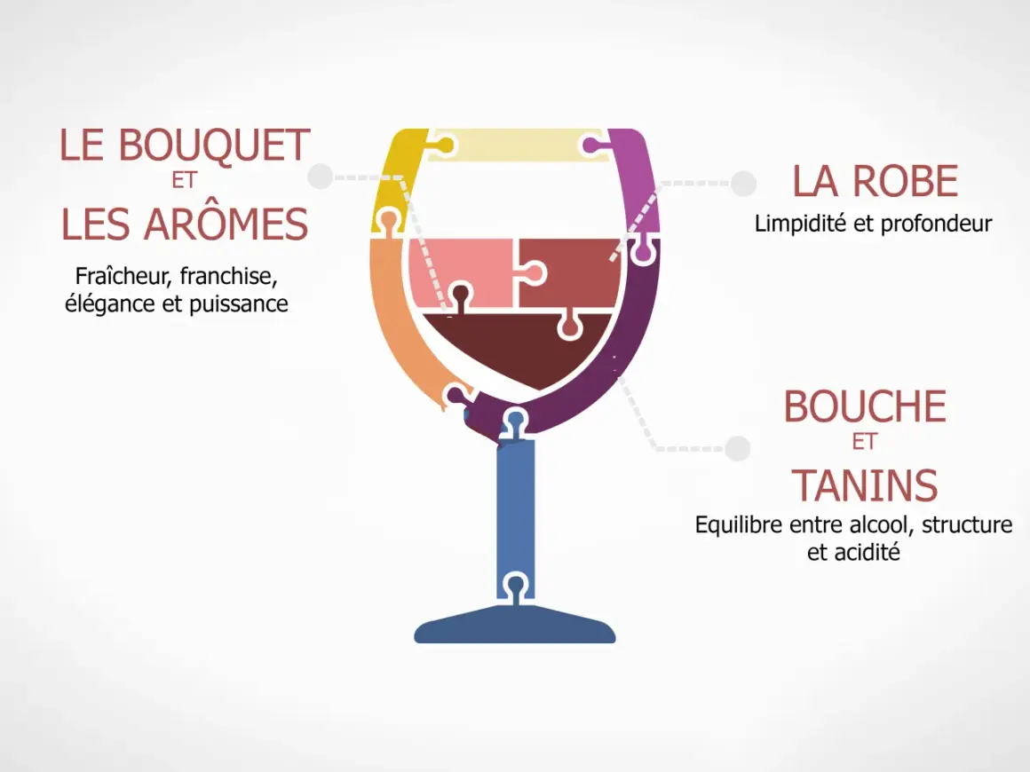 Le verre de vin en puzzle illustre les qualités d'un vin : bouquet, arômes, robe, bouche et tanins. Il évite les défauts du vin.