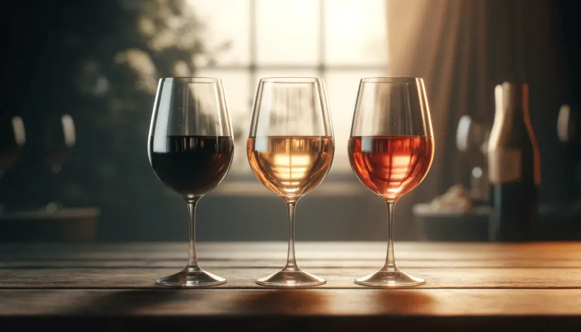 Trois verres de vin, rouge, blanc et rosé, sur une table en bois. La composition du vin rouge est mise en valeur par la lumière douce.