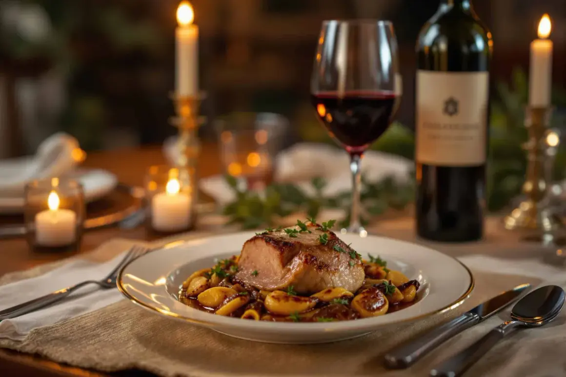 Un plat de parmentier de canard, un verre de vin rouge et des bougies créent une ambiance chaleureuse. Quel vin avec parmentier de canard ? Un Pinot Noir serait parfait.
