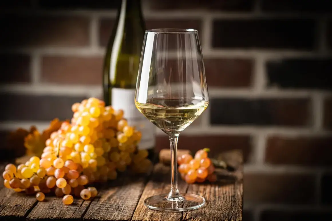 Verre de vin blanc sec, avec des grappes de raisins dorés. Le taux de sucre dans le vin blanc sec est faible, idéal pour accompagner les mets.