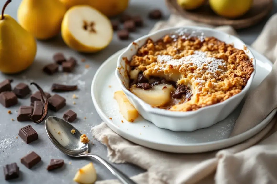 Un délicieux crumble poire chocolat, garni de sucre glace, avec des poires fraîches et des carrés de chocolat autour.
