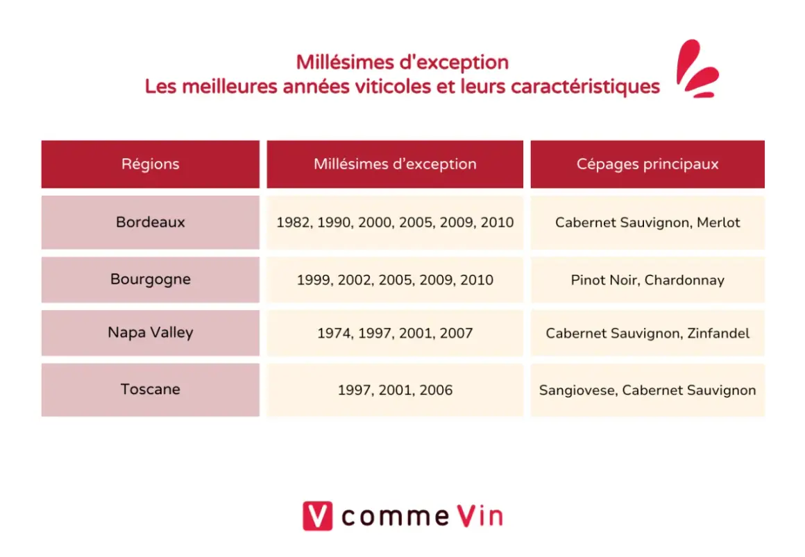 Tableau comparant les régions viticoles (Bordeaux, Bourgogne, Napa Valley, Toscane) avec leurs millésimes d'exception et cépages principaux.