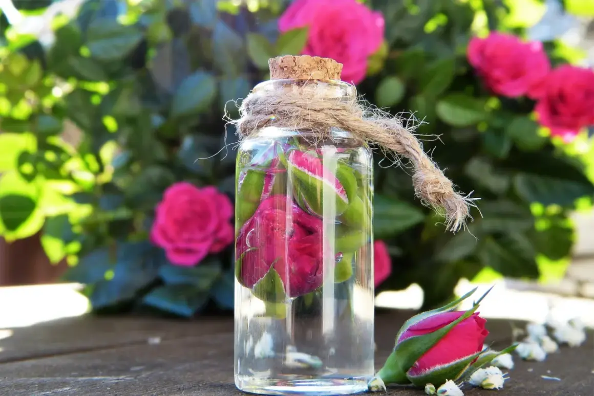 Bouteille en verre remplie de roses et de liquide, avec des roses en arrière-plan. Une idée pour que faire avec un mauvais vin rosé : créer une eau florale !