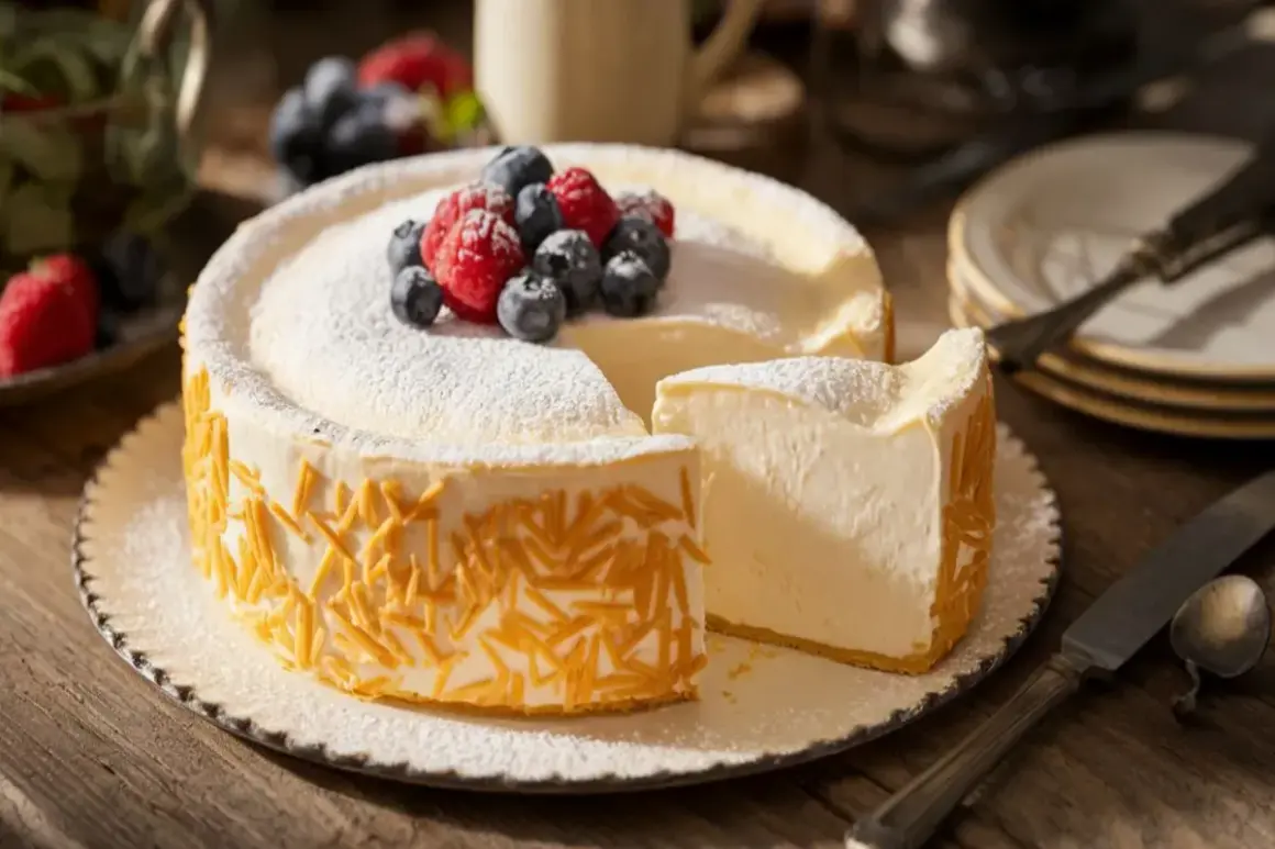 Un délicieux gâteau fromage blanc, saupoudré de sucre glace et garni de fruits rouges frais, est prêt à être dégusté.