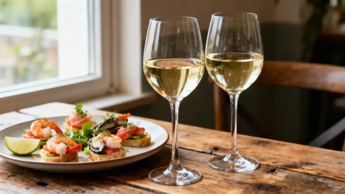 Deux verres de vin blanc pétillant, parfaits pour un apéro, accompagnent des toasts garnis de crevettes, saumon et moules.
