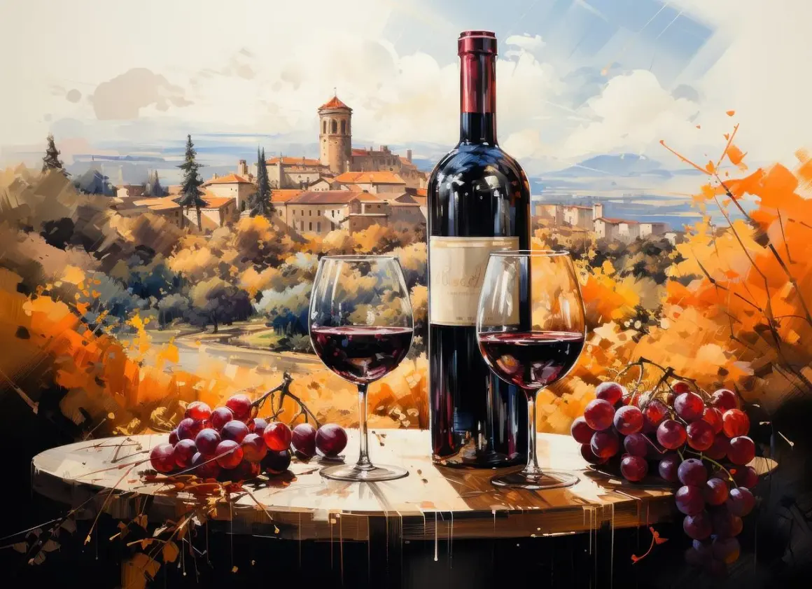 Bouteille de vin rouge, deux verres, grappes de raisin et un village toscan en arrière-plan. La lie de vin, symbole de tradition.