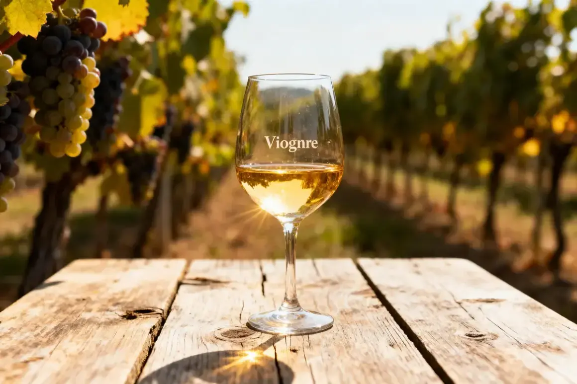 Verre de viognier blanc sec ou moelleux sur une table en bois, avec un vignoble en arrière-plan.