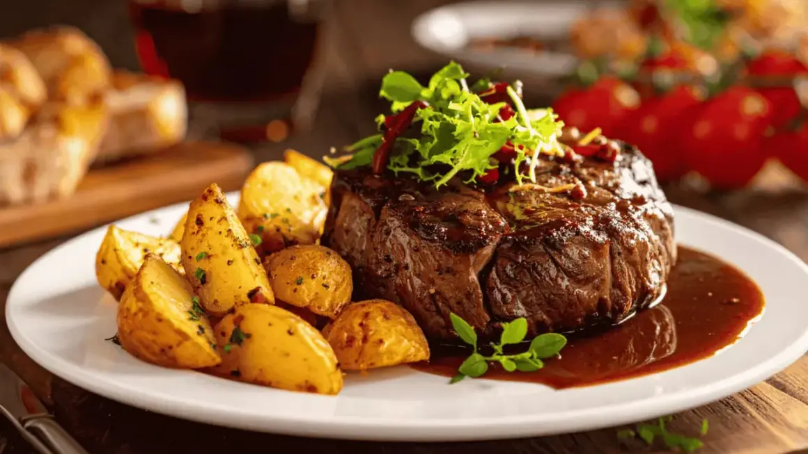 Un succulent filet mignon, cuit à la perfection dans le air fryer, servi avec des pommes de terre rôties et une sauce riche.