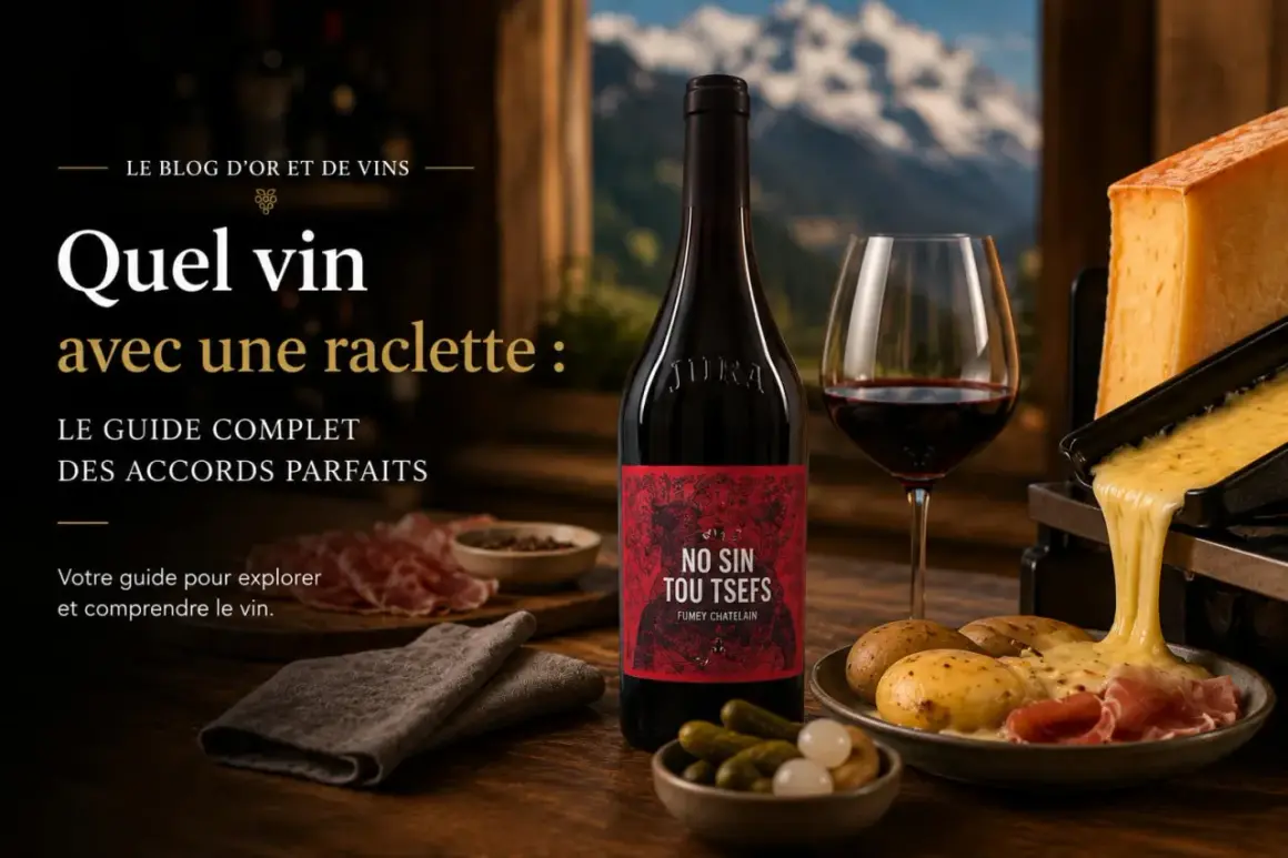 Quel vin rouge avec une raclette fromage charcuterie ? Un guide pour des accords parfaits. Une bouteille de vin rouge Jura, un verre, du fromage à raclette fondant, pommes de terre et charcuterie.